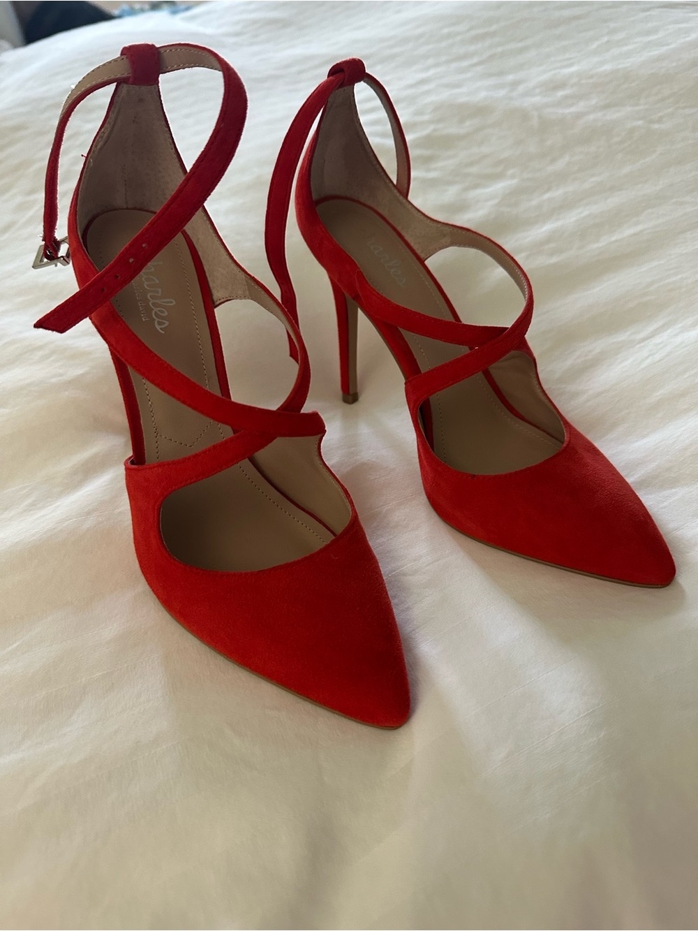 Orange Suede Crisscross Ankle Strap Pumps - Women's